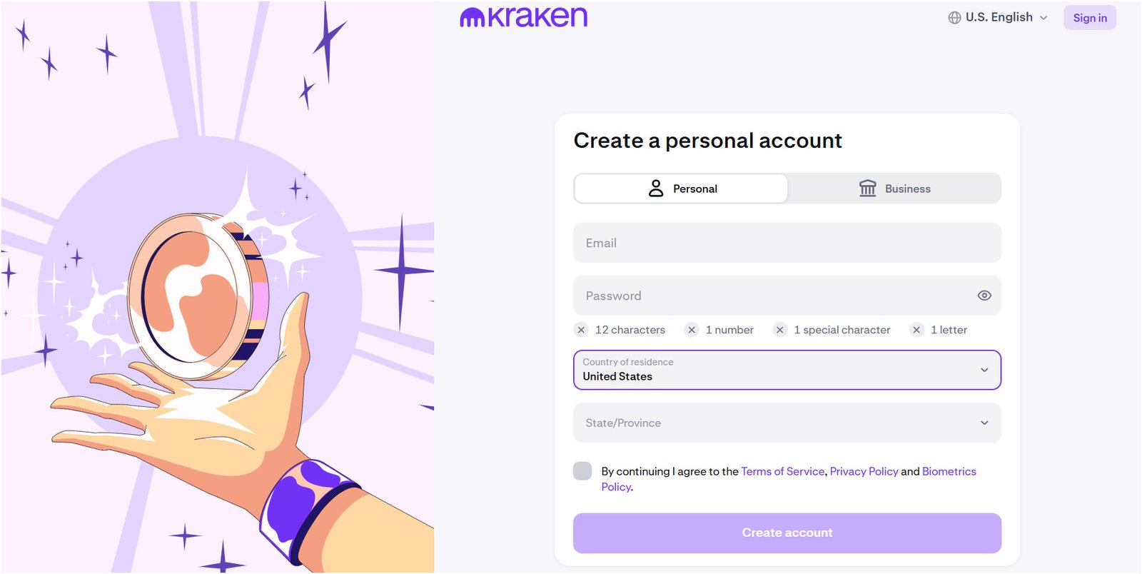 Kraken sign up page
